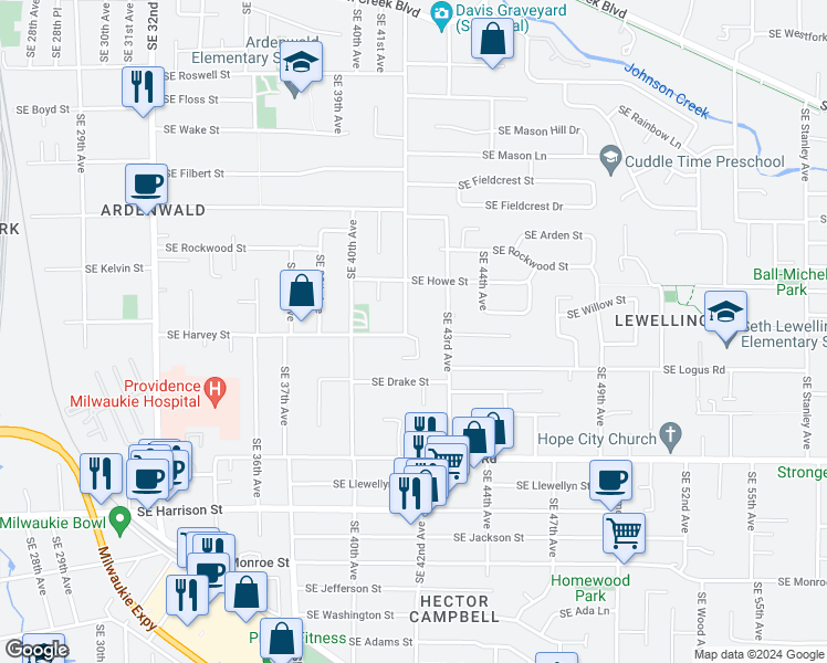 map of restaurants, bars, coffee shops, grocery stores, and more near 9886 Southeast 42nd Avenue in Milwaukie