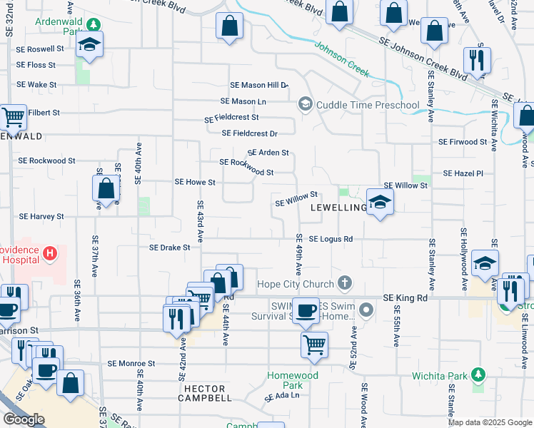 map of restaurants, bars, coffee shops, grocery stores, and more near 9845 Southeast 48th Avenue in Milwaukie