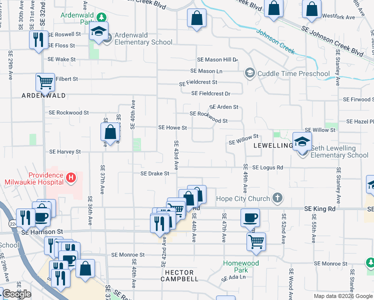 map of restaurants, bars, coffee shops, grocery stores, and more near 4357 Southeast Melody Lane in Milwaukie