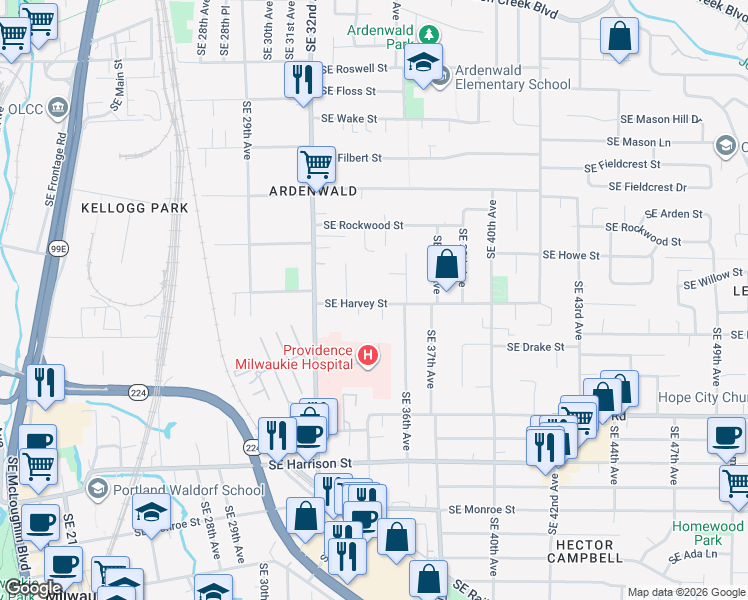 map of restaurants, bars, coffee shops, grocery stores, and more near 3325 Southeast Harvey Street in Milwaukie