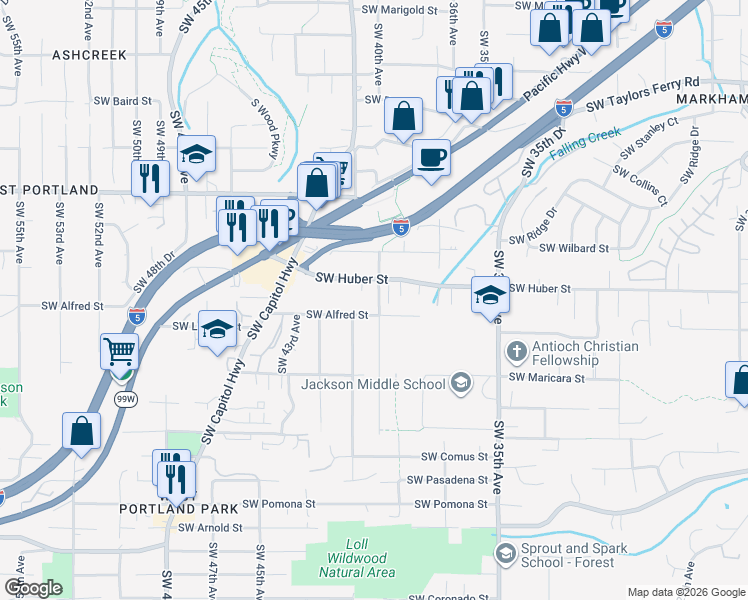 map of restaurants, bars, coffee shops, grocery stores, and more near 10151 Southwest 40th Avenue in Portland