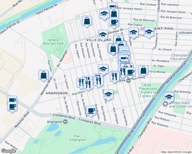 map of restaurants, bars, coffee shops, grocery stores, and more near 6634 Rue Hurteau in Montréal