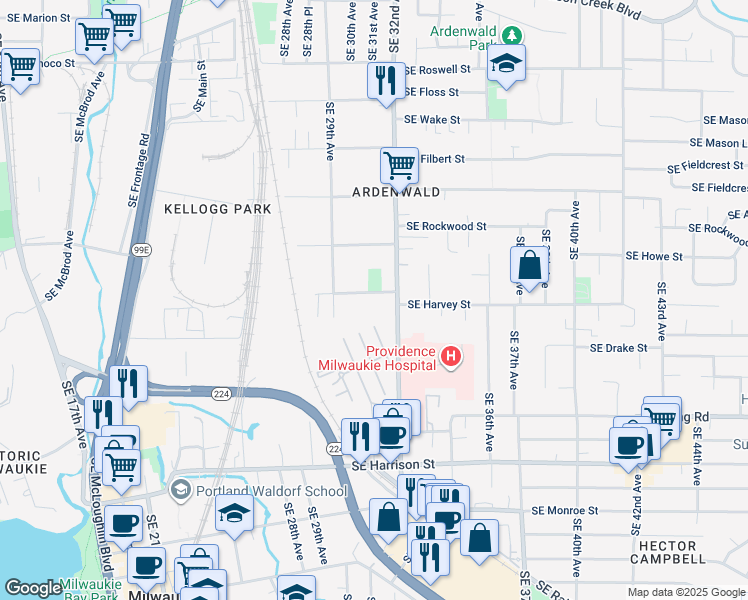 map of restaurants, bars, coffee shops, grocery stores, and more near 3040 Southeast Balfour Street in Milwaukie