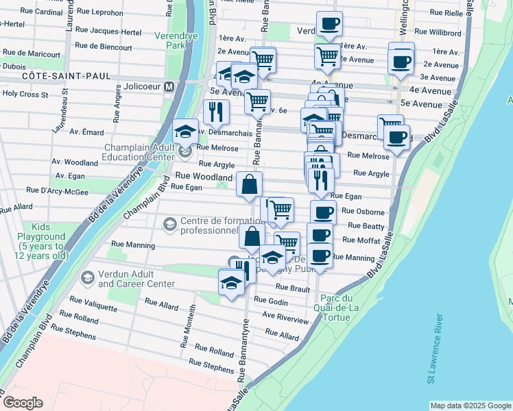 map of restaurants, bars, coffee shops, grocery stores, and more near 944 Rue Osborne in Verdun