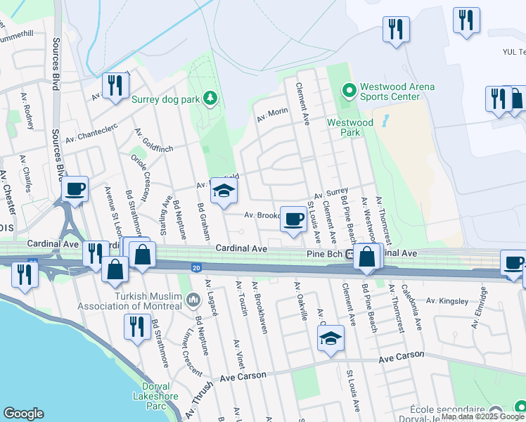 map of restaurants, bars, coffee shops, grocery stores, and more near 1835 Avenue Brookdale in Dorval