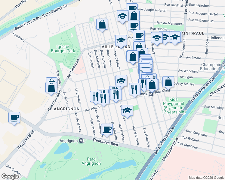 map of restaurants, bars, coffee shops, grocery stores, and more near 6634 Rue Hurteau in Montréal