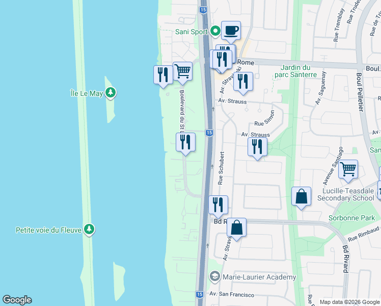 map of restaurants, bars, coffee shops, grocery stores, and more near 8145 Boulevard du Saint Laurent in Brossard