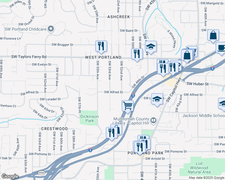 map of restaurants, bars, coffee shops, grocery stores, and more near 10234 Southwest 53rd Avenue in Portland