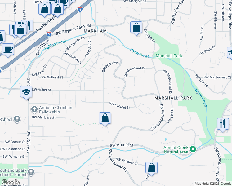 map of restaurants, bars, coffee shops, grocery stores, and more near 2325 Southwest Huber Court in Portland