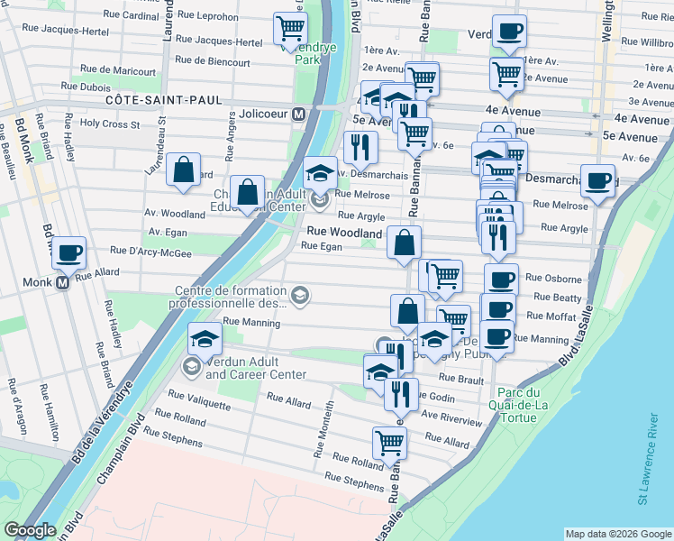 map of restaurants, bars, coffee shops, grocery stores, and more near 1164 Rue Osborne in Montréal