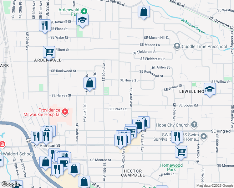 map of restaurants, bars, coffee shops, grocery stores, and more near 9889 Southeast 42nd Avenue in Milwaukie