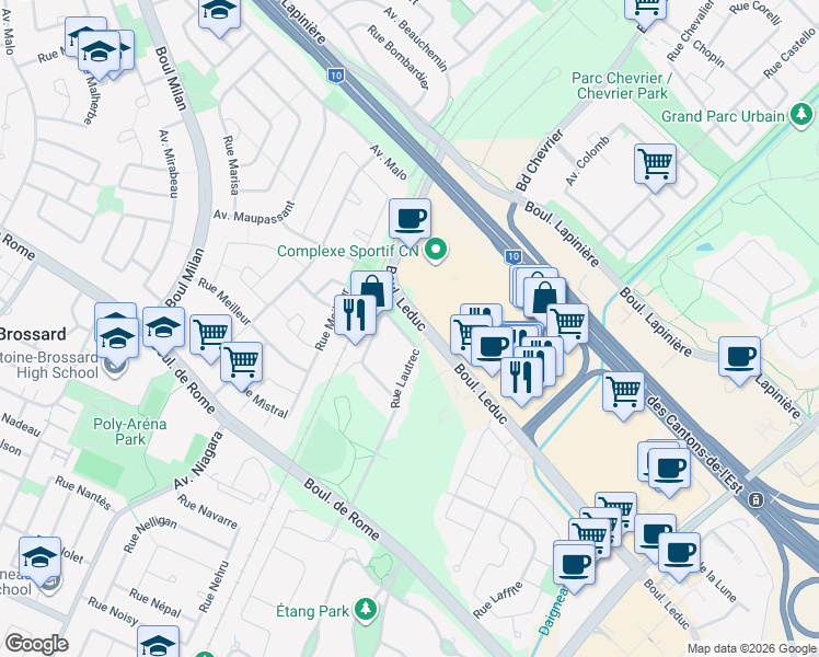 map of restaurants, bars, coffee shops, grocery stores, and more near 8255 Boulevard Leduc in Brossard