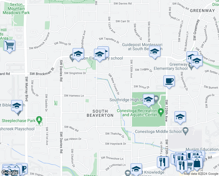map of restaurants, bars, coffee shops, grocery stores, and more near 9610 Southwest Hialeah Drive in Beaverton