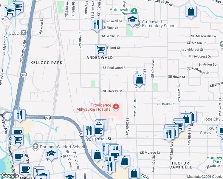 map of restaurants, bars, coffee shops, grocery stores, and more near 3325 Southeast Harvey Street in Milwaukie