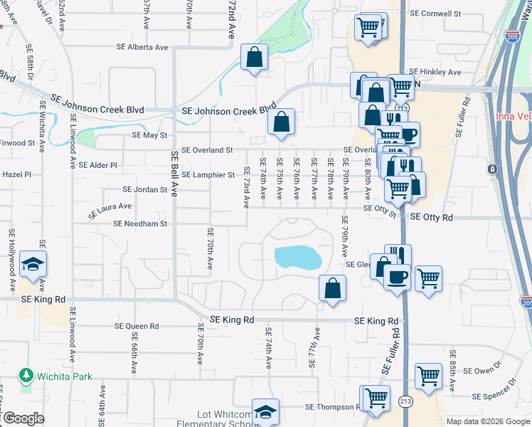 map of restaurants, bars, coffee shops, grocery stores, and more near 7400 Southeast Otty Street in Milwaukie