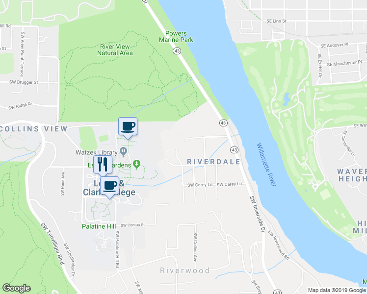 map of restaurants, bars, coffee shops, grocery stores, and more near 1510 Southwest Radcliffe Court in Portland
