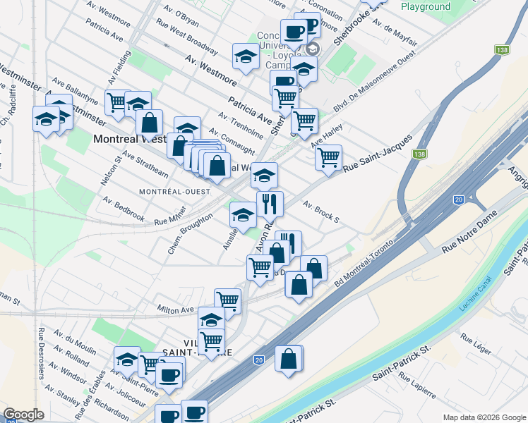 map of restaurants, bars, coffee shops, grocery stores, and more near 45 Avenue Westminster Sud in Montréal-Ouest