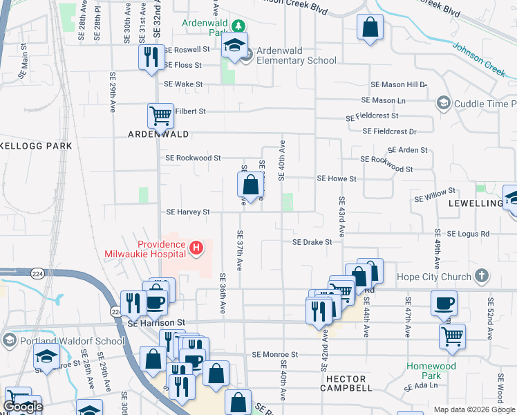 map of restaurants, bars, coffee shops, grocery stores, and more near 3735 Southeast Harvey Street in Milwaukie
