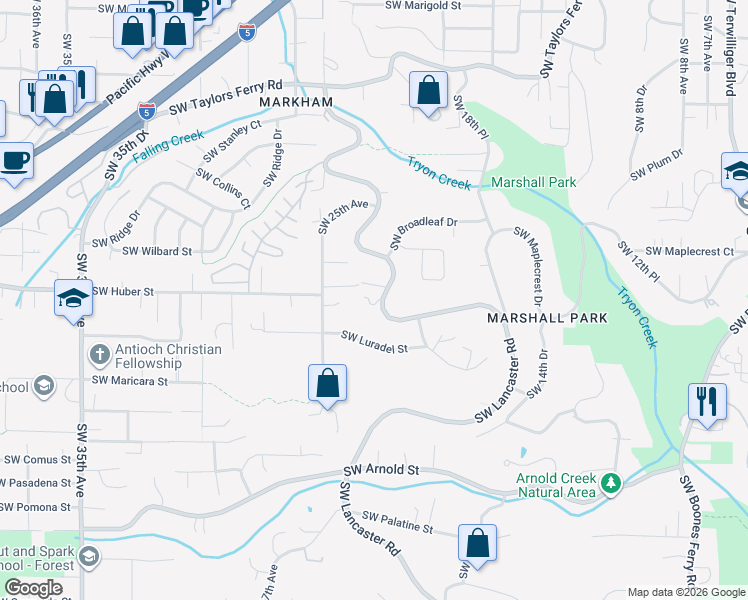 map of restaurants, bars, coffee shops, grocery stores, and more near 10137 Southwest Lancaster Road in Portland