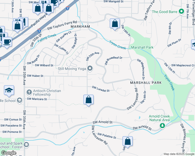 map of restaurants, bars, coffee shops, grocery stores, and more near 2325 Southwest Huber Court in Portland