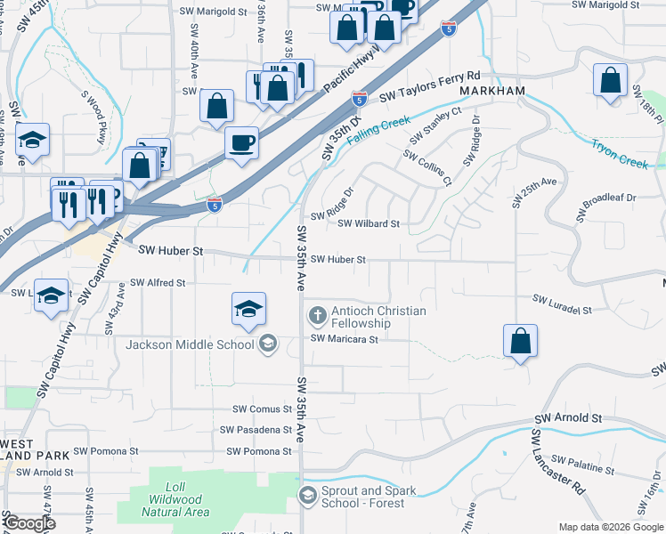 map of restaurants, bars, coffee shops, grocery stores, and more near 3416 Southwest Huber Street in Portland