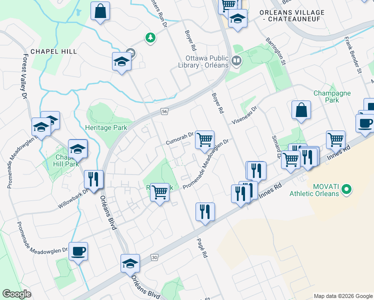 map of restaurants, bars, coffee shops, grocery stores, and more near 1700 Aspen Village Circle in Ottawa