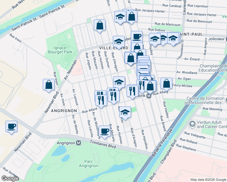 map of restaurants, bars, coffee shops, grocery stores, and more near 6637 Rue Dumas in Montréal