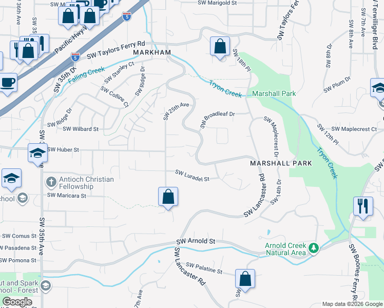 map of restaurants, bars, coffee shops, grocery stores, and more near 10137 Southwest Lancaster Road in Portland