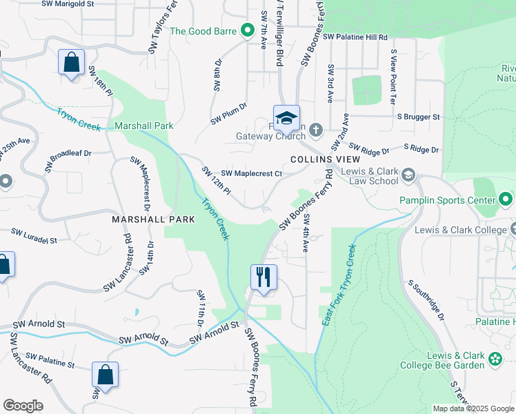 map of restaurants, bars, coffee shops, grocery stores, and more near 731 Marshall Park in Portland