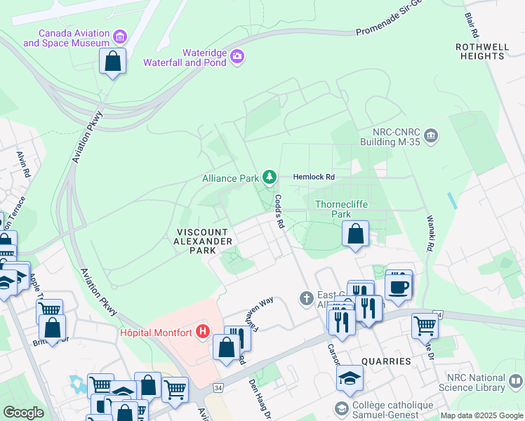 map of restaurants, bars, coffee shops, grocery stores, and more near 638 Mikinak Road in Ottawa