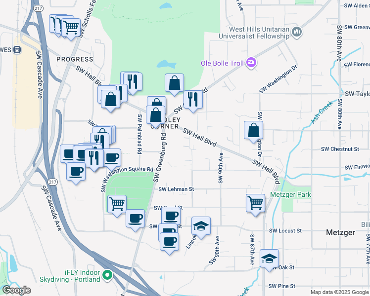 map of restaurants, bars, coffee shops, grocery stores, and more near 9487 Southwest 92nd Avenue in Portland