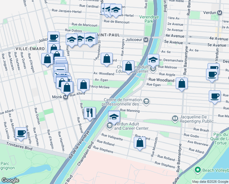 map of restaurants, bars, coffee shops, grocery stores, and more near 6777 Boulevard de la Vérendrye in Montréal