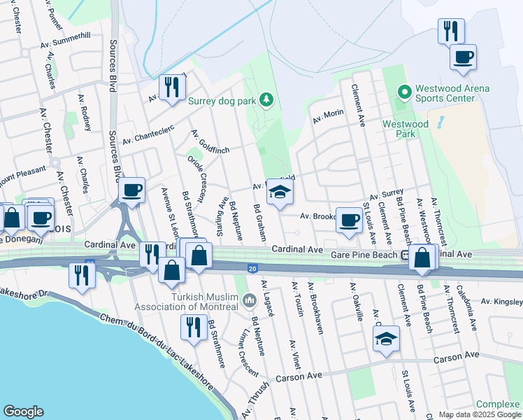 map of restaurants, bars, coffee shops, grocery stores, and more near 555 Boulevard Graham in Dorval