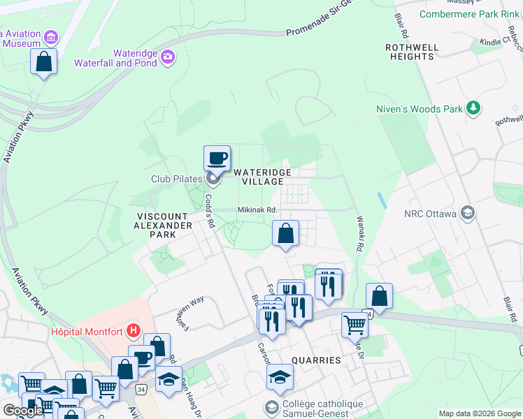 map of restaurants, bars, coffee shops, grocery stores, and more near Mikinak Road in Ottawa