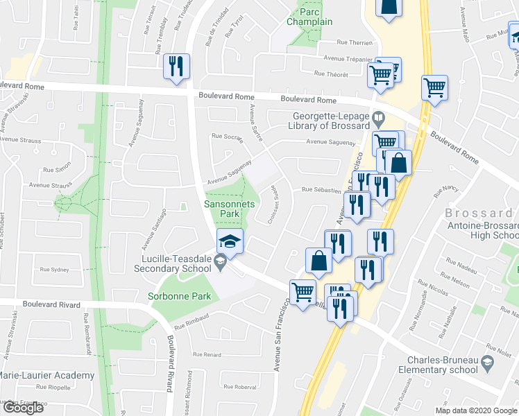 map of restaurants, bars, coffee shops, grocery stores, and more near 1615 Croissant Suède in Brossard