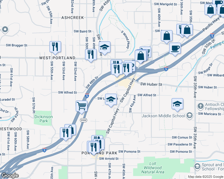 map of restaurants, bars, coffee shops, grocery stores, and more near 4533 Southwest Luradel Street in Portland