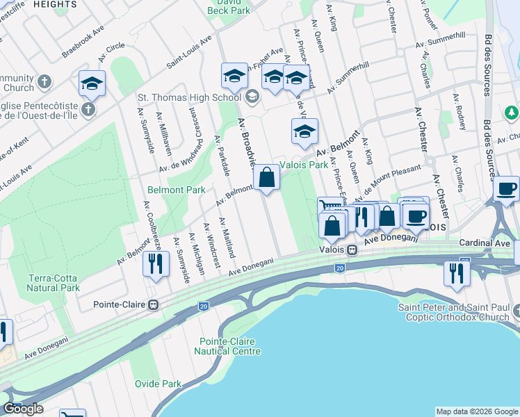 map of restaurants, bars, coffee shops, grocery stores, and more near 46 Avenue Broadview in Pointe-Claire