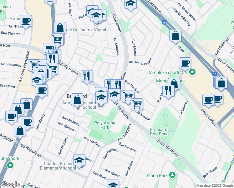 map of restaurants, bars, coffee shops, grocery stores, and more near 3020 Boulevard de Rome in Brossard