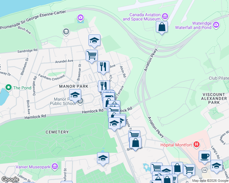 map of restaurants, bars, coffee shops, grocery stores, and more near 51 Jardin Private in Ottawa