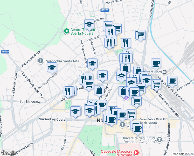 map of restaurants, bars, coffee shops, grocery stores, and more near 2 Via Mario Campagnoli in Novara