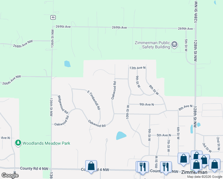 map of restaurants, bars, coffee shops, grocery stores, and more near 13209 Oakwood Road in Zimmerman