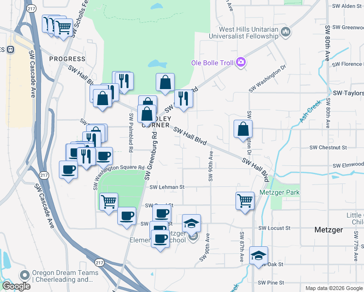 map of restaurants, bars, coffee shops, grocery stores, and more near 9468 Southwest 92nd Avenue in Portland
