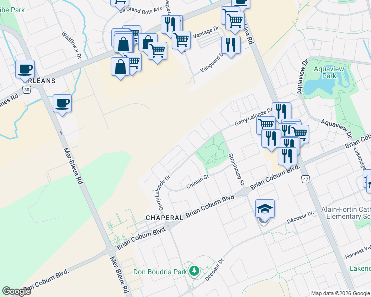 map of restaurants, bars, coffee shops, grocery stores, and more near 696 Trigoria Crescent in Ottawa