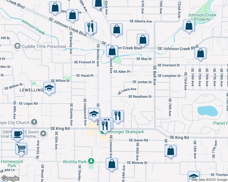 map of restaurants, bars, coffee shops, grocery stores, and more near 6339 Southeast Laura Avenue in Portland