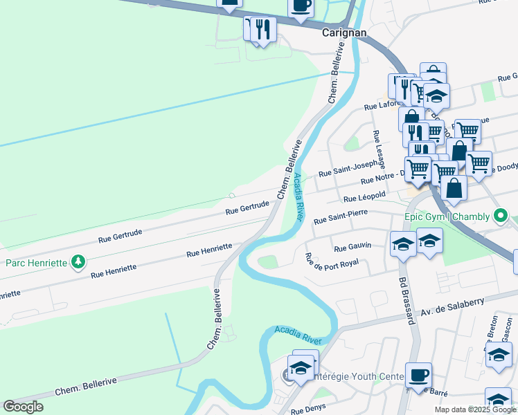map of restaurants, bars, coffee shops, grocery stores, and more near 2432 Rue Gertrude in Carignan
