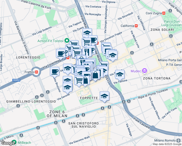 map of restaurants, bars, coffee shops, grocery stores, and more near 9 Via Giambellino in Milano