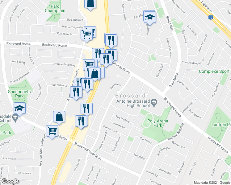 map of restaurants, bars, coffee shops, grocery stores, and more near 7720 Avenue Naples in Brossard
