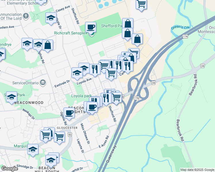 map of restaurants, bars, coffee shops, grocery stores, and more near 5300 Canotek Road in Ottawa