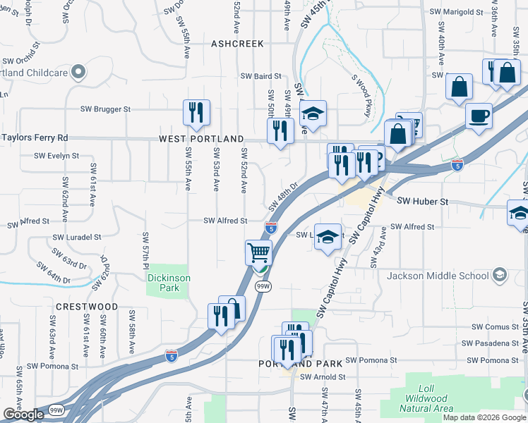 map of restaurants, bars, coffee shops, grocery stores, and more near 10147 Southwest 50th Avenue in Portland