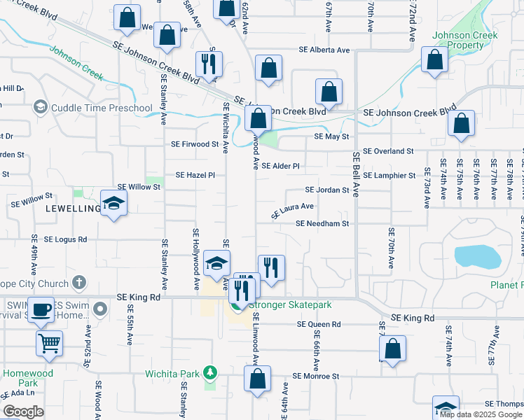 map of restaurants, bars, coffee shops, grocery stores, and more near 6339 Southeast Laura Avenue in Portland